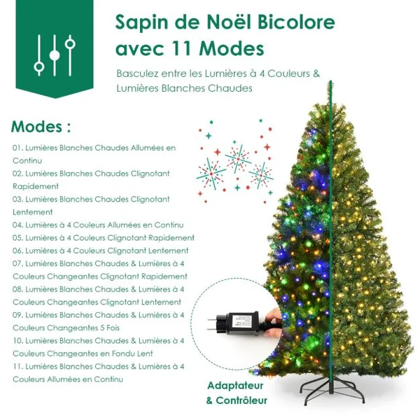 Sapin de Noël Artificiel 150cm Arbre de Noël, Lumières LED multicolore, Pied en Métal 40cm, en PVC, Vert