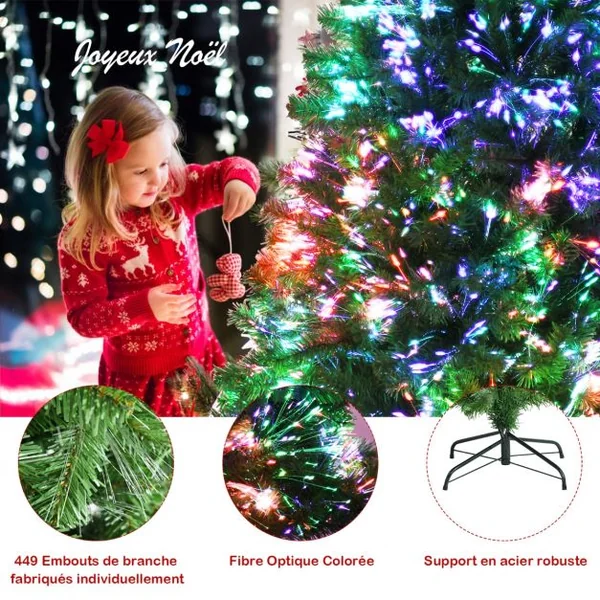 Sapin de Noël Artificiel 150cm en Fibre Optique Brillantes en Epicéa 449 Embouts de Branche en PVC avec Support Pliable