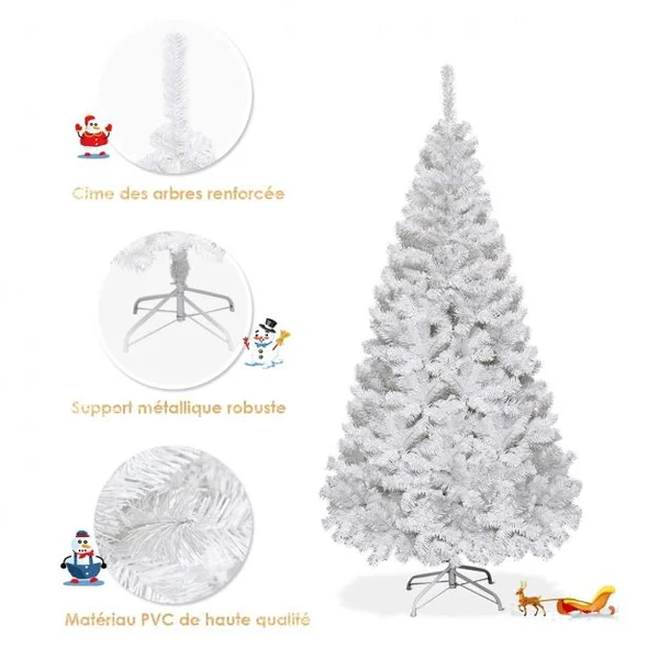 Sapin de Noël Artificiel 150cm pour Décoration de Noël 350 branches, Matériau PVC avec Pied en Métal, Blanc