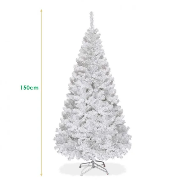 Sapin de Noël Artificiel 150cm pour Décoration de Noël 350 branches, Matériau PVC avec Pied en Métal, Blanc