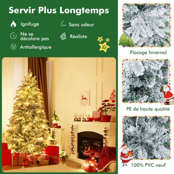 Sapin de Noël Artificiel 180 Avec 1415 Branches 260 Lumières Led Blanc Chaud Floqué Charnières Arbre de Noël Pré-Éclairé Installation Rapide