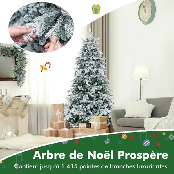Sapin de Noël Artificiel 180 Avec 1415 Branches 260 Lumières Led Blanc Chaud Floqué Charnières Arbre de Noël Pré-Éclairé Installation Rapide