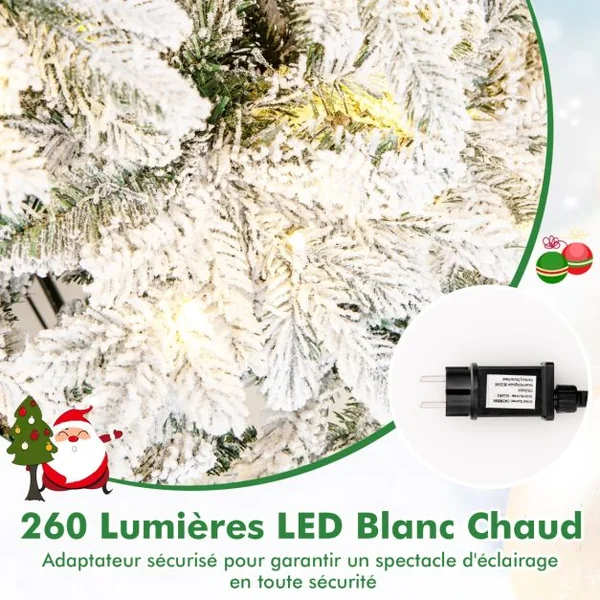 Sapin de Noël Artificiel 180 Avec 1415 Branches 260 Lumières Led Blanc Chaud Floqué Charnières Arbre de Noël Pré-Éclairé Installation Rapide