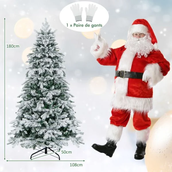 Sapin de Noël Artificiel 180 Avec 1415 Branches 260 Lumières Led Blanc Chaud Floqué Charnières Arbre de Noël Pré-Éclairé Installation Rapide