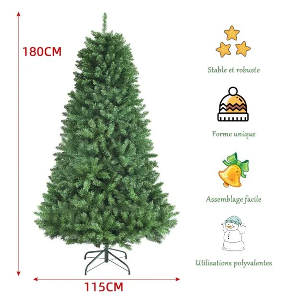 Sapin de Noël Artificiel 180 Cm avec 1130 Rameaux Denses Support Métallique Pliable Sapin De Noël à Charnières 3 Sections