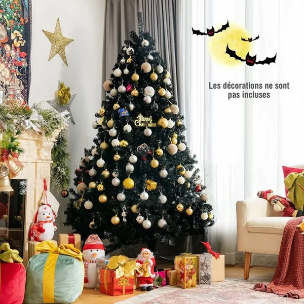Sapin de Noël Artificiel 180 cm avec 1477 Rameaux Base Métallique Pliable Arbre de Noël à Charnières Facile à Installer Noir