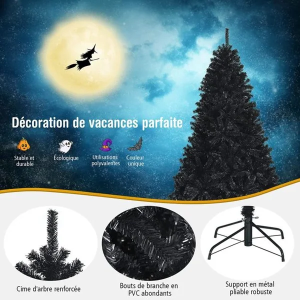 Sapin de Noël Artificiel 180 cm avec 1477 Rameaux Base Métallique Pliable Arbre de Noël à Charnières Facile à Installer Noir