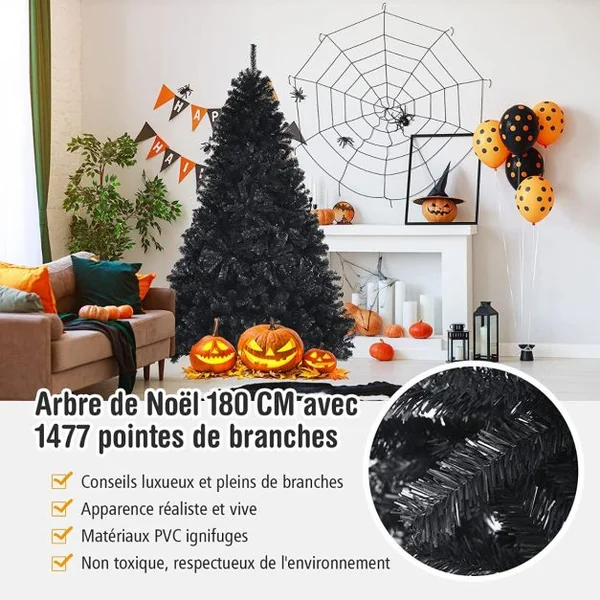 Sapin de Noël Artificiel 180 cm avec 1477 Rameaux Base Métallique Pliable Arbre de Noël à Charnières Facile à Installer Noir