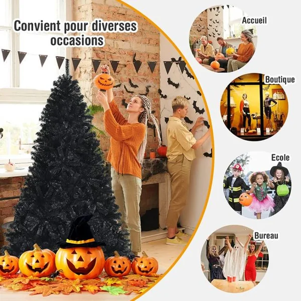 Sapin de Noël Artificiel 180 cm avec 1477 Rameaux Base Métallique Pliable Arbre de Noël à Charnières Facile à Installer Noir