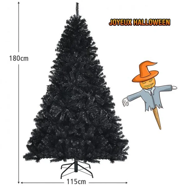 Sapin de Noël Artificiel 180 cm avec 1477 Rameaux Base Métallique Pliable Arbre de Noël à Charnières Facile à Installer Noir