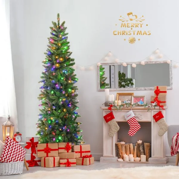 Sapin de Noël Artificiel 180 cm avec 270 Lumières LED 648 Rameaux 10 Modes d'Éclairage Décoration Support Métallique