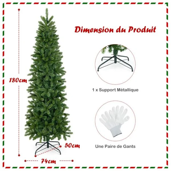 Sapin de Noël Artificiel 180 cm avec 270 Lumières LED 648 Rameaux 10 Modes d'Éclairage Décoration Support Métallique