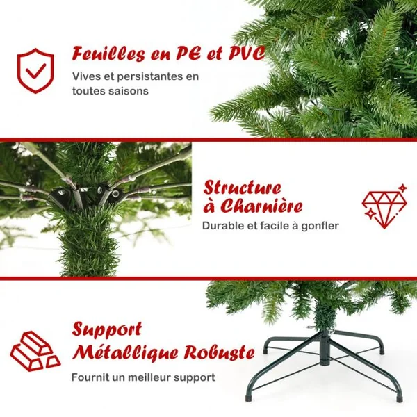 Sapin de Noël Artificiel 180 cm avec 270 Lumières LED 648 Rameaux 10 Modes d'Éclairage Décoration Support Métallique