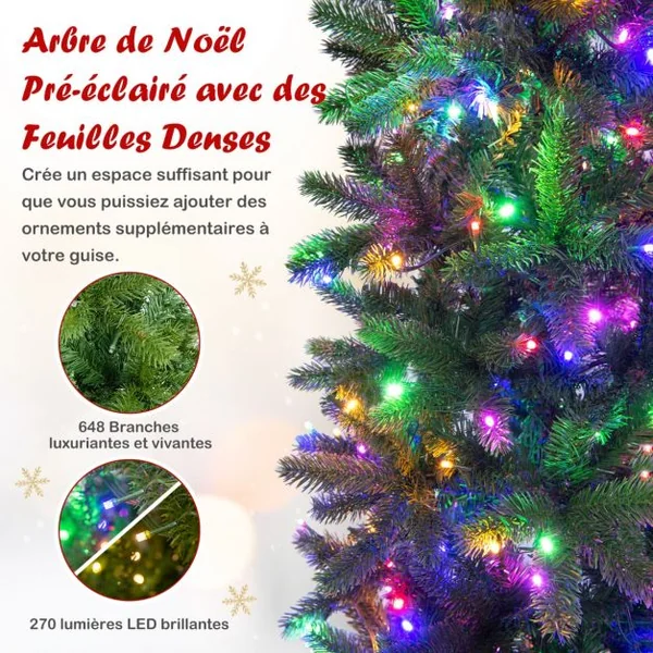 Sapin de Noël Artificiel 180 cm avec 270 Lumières LED 648 Rameaux 10 Modes d'Éclairage Décoration Support Métallique