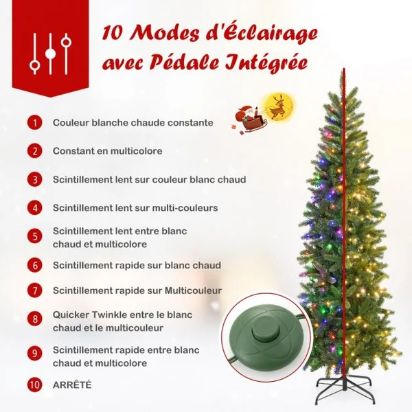 Sapin de Noël Artificiel 180 cm avec 270 Lumières LED 648 Rameaux 10 Modes d'Éclairage Décoration Support Métallique