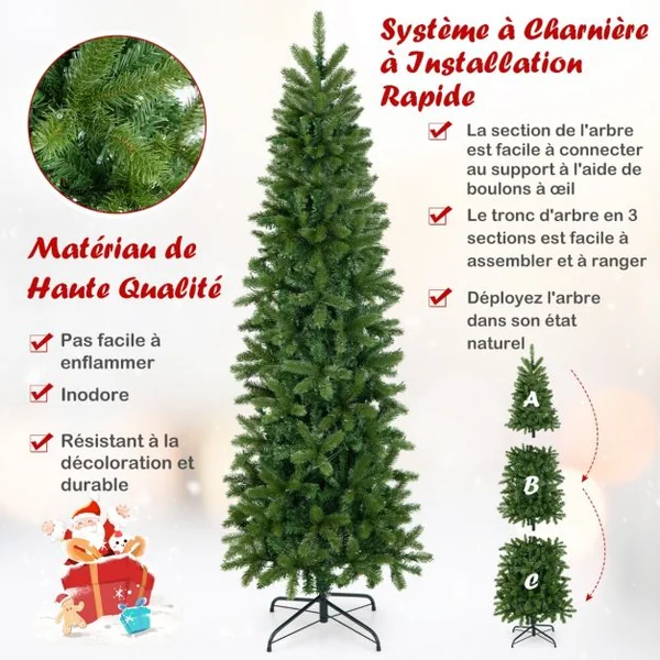 Sapin de Noël Artificiel 180 cm avec 270 Lumières LED 648 Rameaux 10 Modes d'Éclairage Décoration Support Métallique