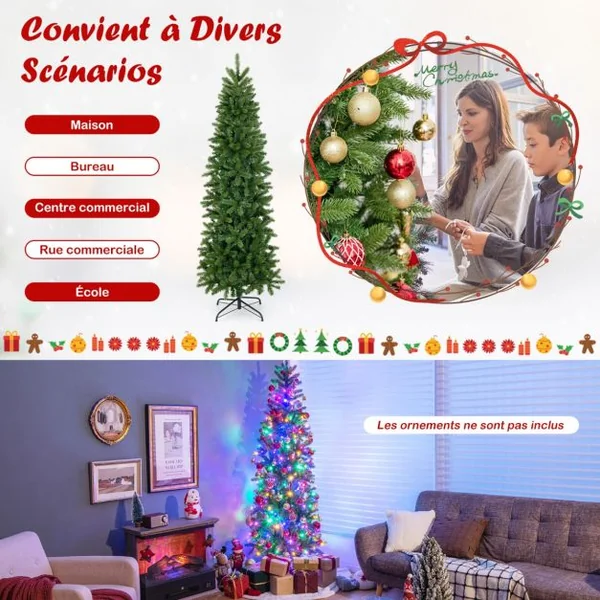Sapin de Noël Artificiel 180 cm avec 270 Lumières LED 648 Rameaux 10 Modes d'Éclairage Décoration Support Métallique