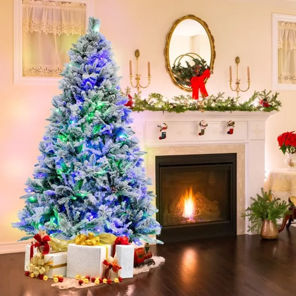 Sapin de Noël Artificiel 180 cm avec Aiguilles de Pin 850 Branches 240 Lumières LED et 34 Cônes de Pin Sapin Décoré Enneigé 8 Modes d'Éclairage Décoration de Noël