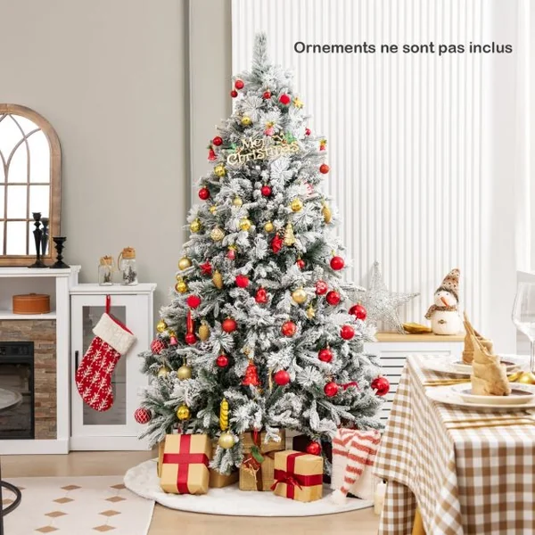 Sapin de Noël Artificiel 180 cm avec Aiguilles de Pin 850 Branches 240 Lumières LED et 34 Cônes de Pin Sapin Décoré Enneigé 8 Modes d'Éclairage Décoration de Noël