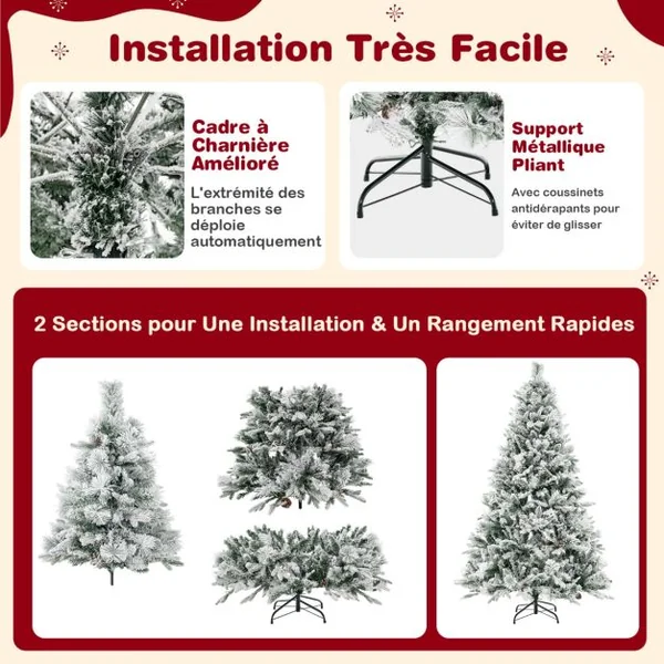 Sapin de Noël Artificiel 180 cm avec Aiguilles de Pin 850 Branches 240 Lumières LED et 34 Cônes de Pin Sapin Décoré Enneigé 8 Modes d'Éclairage Décoration de Noël