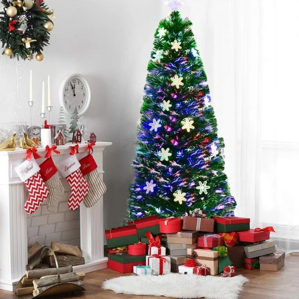 Sapin de Noël Artificiel 180 cm avec Lumières LED et Pied Arbre de Noël en PVC plastique métal avec flocon de neige, Vert