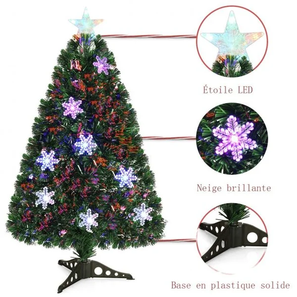 Sapin de Noël Artificiel 180 cm avec Lumières LED et Pied Arbre de Noël en PVC plastique métal avec flocon de neige, Vert
