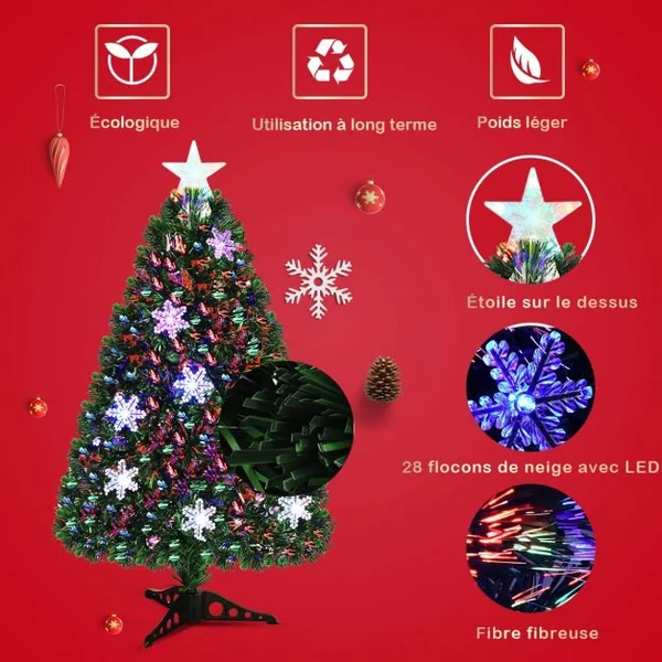 Sapin de Noël Artificiel 180 cm avec Lumières LED et Pied Arbre de Noël en PVC plastique métal avec flocon de neige, Vert