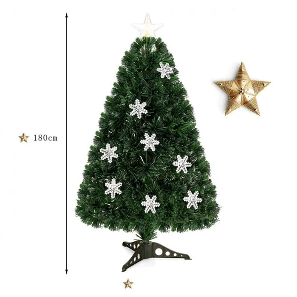 Sapin de Noël Artificiel 180 cm avec Lumières LED et Pied Arbre de Noël en PVC plastique métal avec flocon de neige, Vert