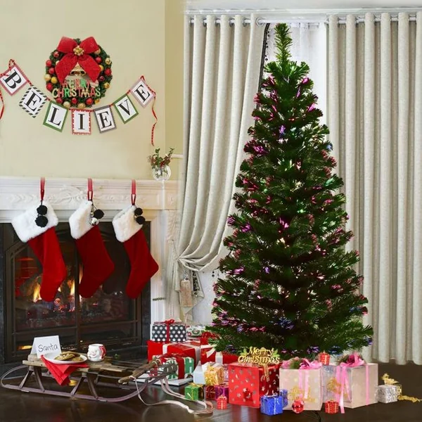 Sapin de Noël Artificiel 180 cm avec Lumières LED et Pied Arbre de Noël en PVC plastique métal, Couleur vert