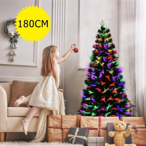 Sapin de Noël Artificiel 180 cm avec Lumières LED multicolores et Pied Arbre de Noël en PVC plastique métal, vert