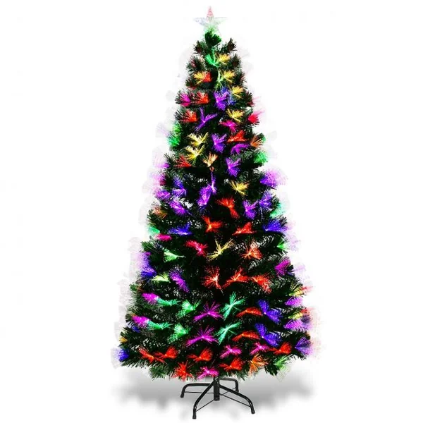 Sapin de Noël Artificiel 180 cm avec Lumières LED multicolores et Pied Arbre de Noël en PVC plastique métal, vert