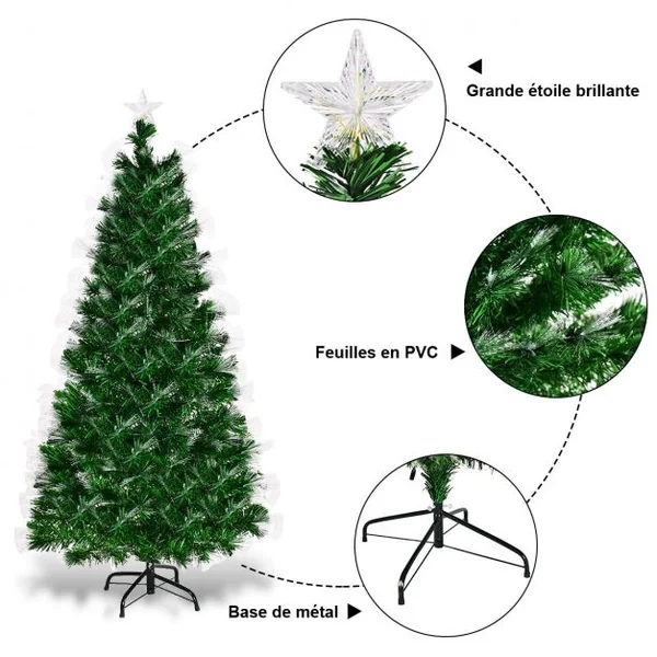 Sapin de Noël Artificiel 180 cm avec Lumières LED multicolores et Pied Arbre de Noël en PVC plastique métal, vert