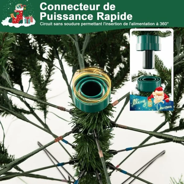 Sapin de Noël Artificiel 180CM 1801 Branches 350 Ampoules Led Blanc Chaud Et Froid à Charnière Connecteur d'Alimentation Rapide 3 Modes d'Éclairage