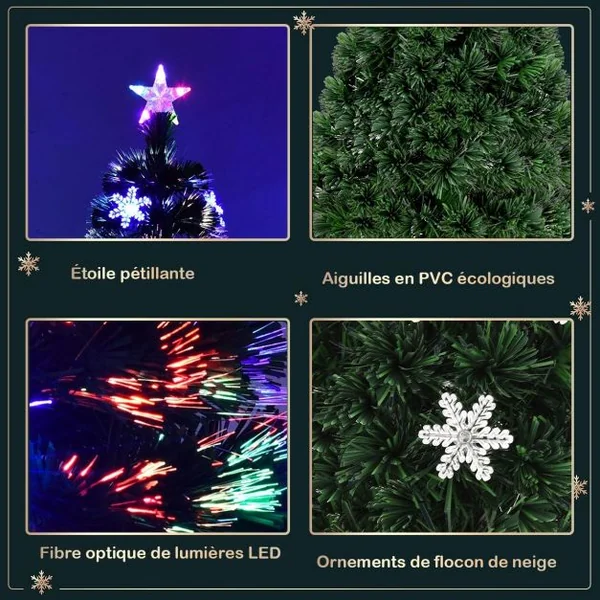 Sapin de Noël Artificiel 180cm 230 Branches Lumières LED Variation de Couleurs, Etoile à la cime, Flocon de neige, Pied