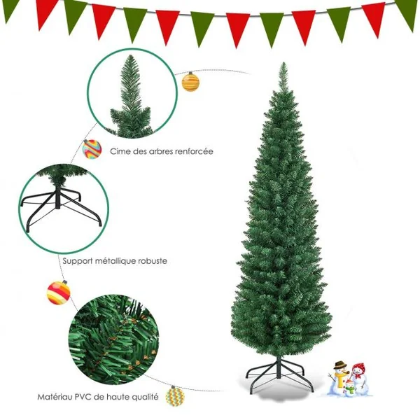 Sapin de Noël Artificiel 180CM Arbre de Noël pointu avec pied 40CM Décoration de Noël en fer et PVC