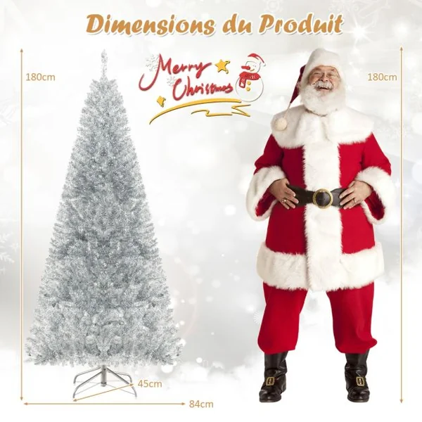 Sapin de Noël Artificiel 180cm Argenté Pré-Éclairé 790 Pointes De Branches 300 Lumières Led Blanc Chaud Support En Métal Pliable