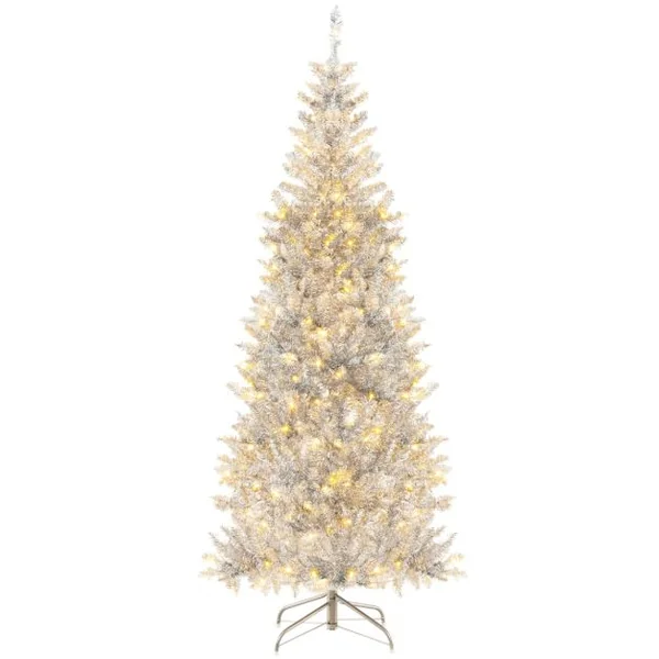 Sapin de Noël Artificiel 180cm Argenté Pré-Éclairé 790 Pointes De Branches 300 Lumières Led Blanc Chaud Support En Métal Pliable