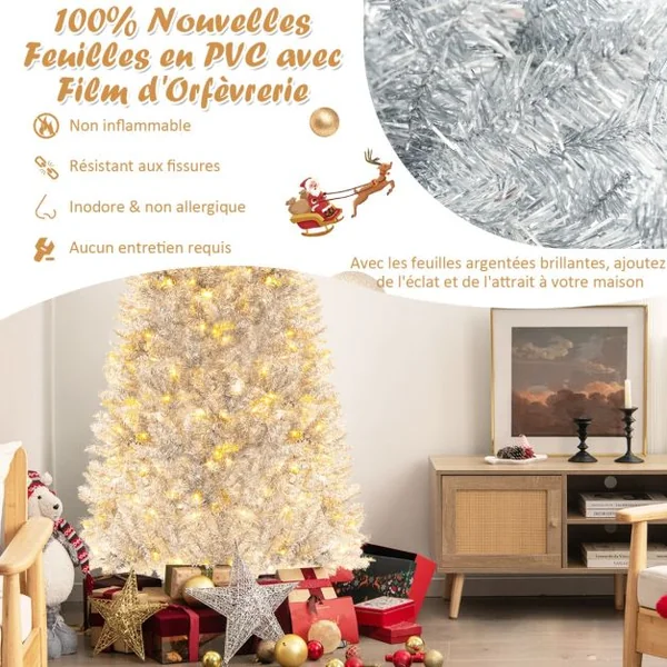 Sapin de Noël Artificiel 180cm Argenté Pré-Éclairé 790 Pointes De Branches 300 Lumières Led Blanc Chaud Support En Métal Pliable