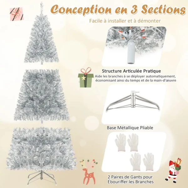 Sapin de Noël Artificiel 180cm Argenté Pré-Éclairé 790 Pointes De Branches 300 Lumières Led Blanc Chaud Support En Métal Pliable