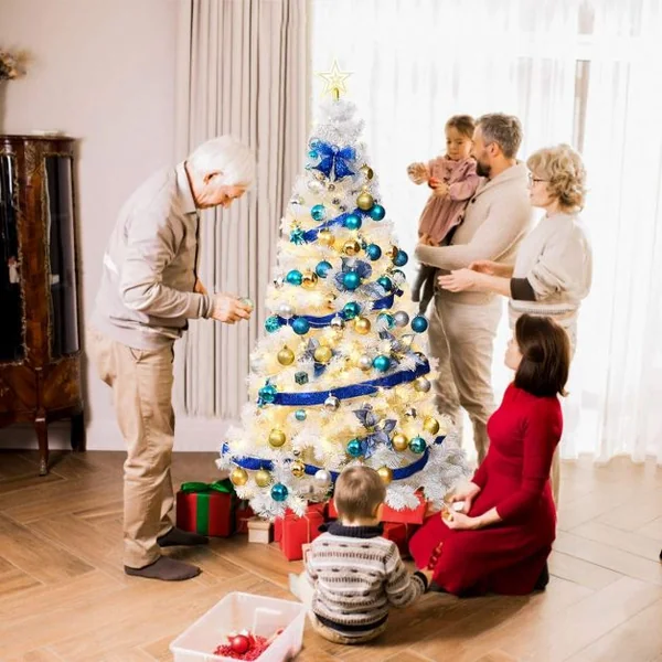 Sapin de Noël Artificiel 180cm pour Décoration de Noël 650 branches, Matériau PVC avec Pied en Métal, Blanc