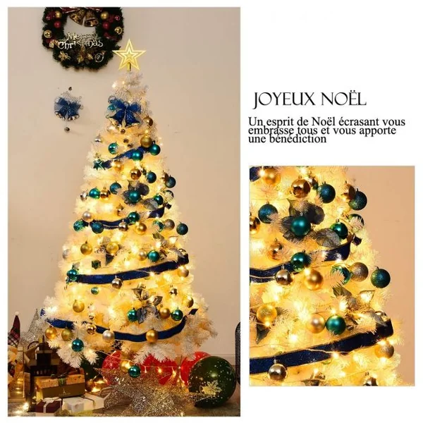 Sapin de Noël Artificiel 180cm pour Décoration de Noël 650 branches, Matériau PVC avec Pied en Métal, Blanc