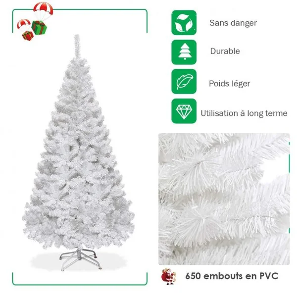 Sapin de Noël Artificiel 180cm pour Décoration de Noël 650 branches, Matériau PVC avec Pied en Métal, Blanc