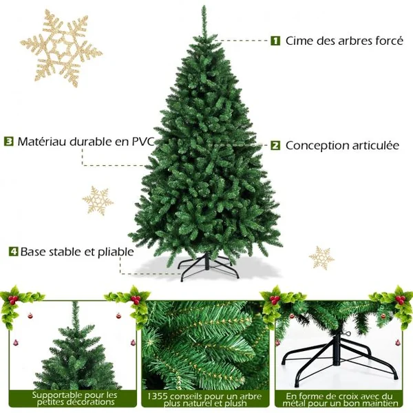 Sapin de Noël Artificiel 183 Cm 1355 Branches Décoration de Noël pour Fête Magasin Extérieur en Pvc et Socle en Métal