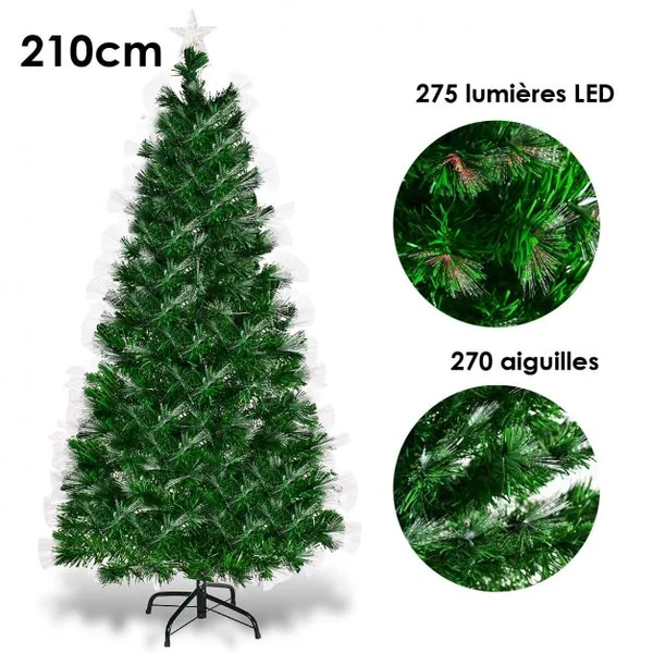Sapin de Noël Artificiel 210 cm avec Lumières LED multicolores et Pied Arbre de Noël en PVC plastique métal, vert