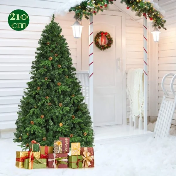 Sapin de Noël Artificiel 210cm Arbre de Noël 61 pommes de pin, Lumières LED, Pied en Métal 50cm, en PVC et PE, Vert