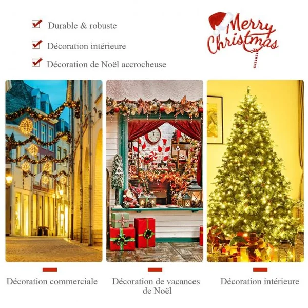 Sapin de Noël Artificiel 210cm Arbre de Noël 61 pommes de pin, Lumières LED, Pied en Métal 50cm, en PVC et PE, Vert
