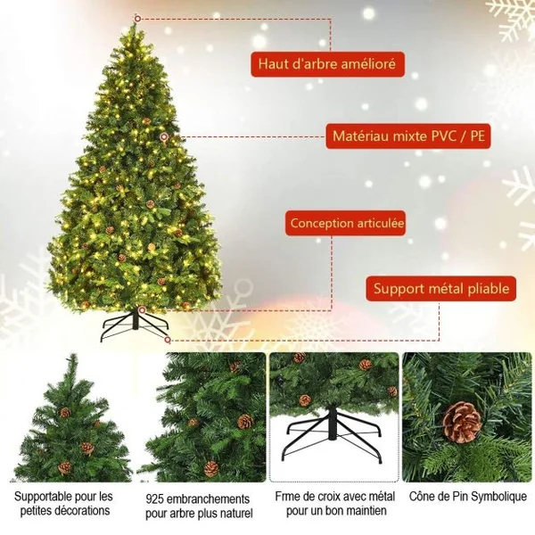 Sapin de Noël Artificiel 210cm Arbre de Noël 61 pommes de pin, Lumières LED, Pied en Métal 50cm, en PVC et PE, Vert