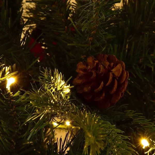 Sapin de Noël Artificiel 210cm Arbre de Noël 61 pommes de pin, Lumières LED, Pied en Métal 50cm, en PVC et PE, Vert