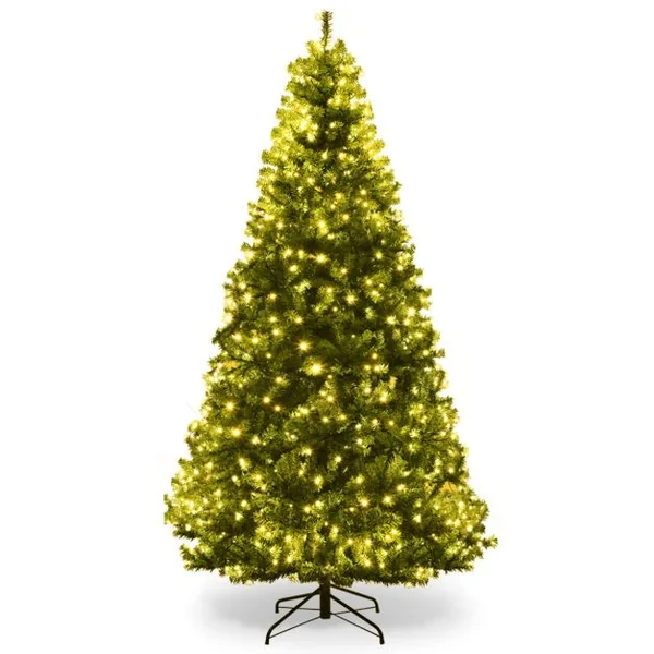 Sapin de Noël Artificiel 210cm Arbre de Noël Lumières LED Multicolore Pied en Métal 50cm en PVC Vert