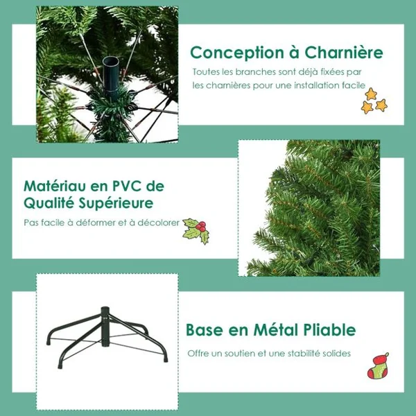Sapin de Noël Artificiel 210cm Arbre de Noël Lumières LED Multicolore Pied en Métal 50cm en PVC Vert